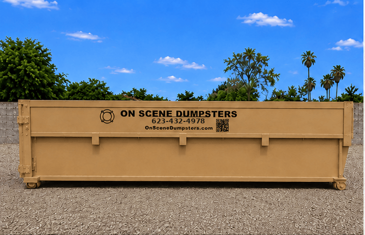 Tan On Scene Dumpsters 16-yard roll-off dumpster side view