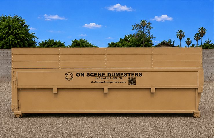 23-yard On Scene Dumpsters roll-off dumpster side view with three extension boards